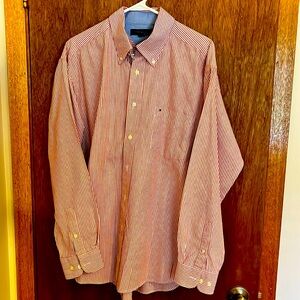 Tommy Hilfiger, men’s long sleeve dress shirt large, crimson and white striped